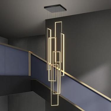 Imagem de Luminária pendente geométrica moderna para sala de estar e quarto Lustre de escada de alumínio com lâmpada de teto de acrílico preto 6 cabeças Luz neutra