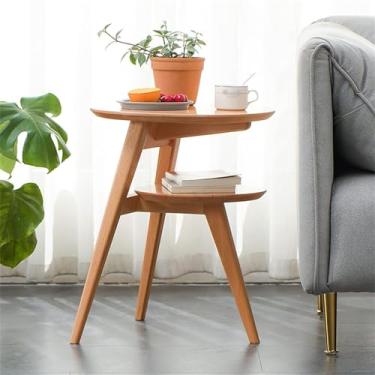 Imagem de Mesa de canto redonda de 2 camadas, mesa de cabeceira pequena de madeira maciça, mesa lateral de sofá, suporte de exibição de mesa de centro com prateleira de armazenamento (cor: cor original) (cor