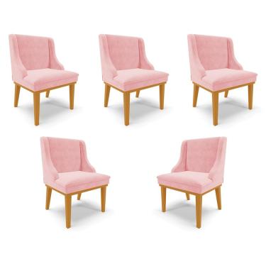 Imagem de Kit 5 Cadeiras Decorativas Sala de Jantar Base Fixa de Madeira Firenze Suede Rosa Bebê/Castanho G19 - Gran Belo
