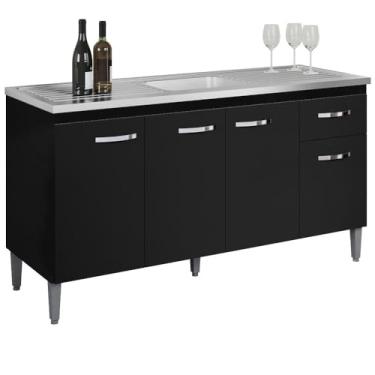 Imagem de Balcão de Pia Cozinha 4 Portas Gabriela 150 cm Preto Fosco Sem Tampo Ajl Móveis