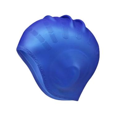 Imagem de Chiffonade Touca de natação de silicone com design 3D de alta elasticidade à prova d'água de cabelo longo protetor de orelha chapéu para mulheres e homens adultos (azul)