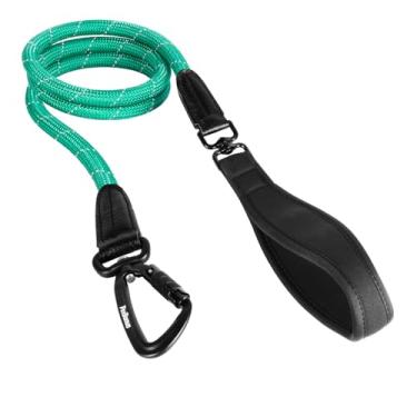 Imagem de PetBonus Coleira de corda para cães, coleira de nylon resistente de 1,5 m com mosquetão de alumínio de aviação com travamento automático, alça acolchoada confortável, guia refletiva para treinamento