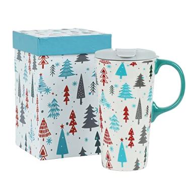Imagem de Topadorn Caneca de cerâmica de árvore de Natal com tampa e caixa à prova de derramamento, 500 ml