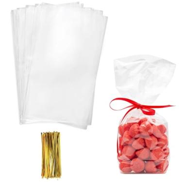 Imagem de Sacos de guloseimas de celofane para violoncelo, 15 x 30 cm, 100 peças com laços torcidos para embalagem de sobremesas, padaria, doces, biscoitos, chocolate, lembrancinhas de festa