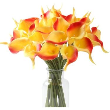 Imagem de Sunset Calla Lily 4 peças buquê de flores artificiais para casamento, noiva, chá de bênção, presente, decoração de casa, flor falsa de lírios de calla