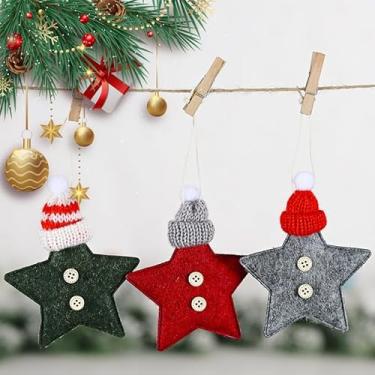 Imagem de 3 peças de enfeite de pendurar estrela de tecido não tecido de Natal fofo chapéu de malha pentagrama pingente decorativo de Natal decoração de casa festiva, misto