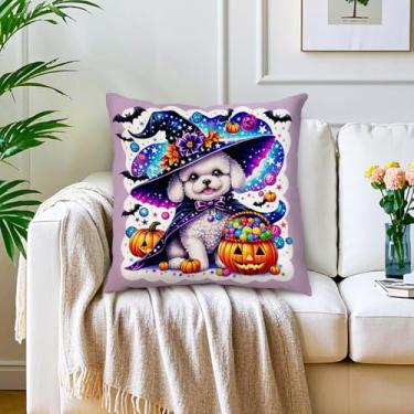 Imagem de Capas de almofada Goldendoodle Gifts Poodle Dog Golden Doodle Halloween chapéu de bruxa abóbora fronhas decorativas para sofá cama decoração de casa sala de estar pátio