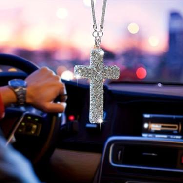 Imagem de Chaveiro com pingente de cruz de diamante branco Jesus gancho de carro presente de fé para decoração cristã, presente inspirador religioso para homens e mulheres