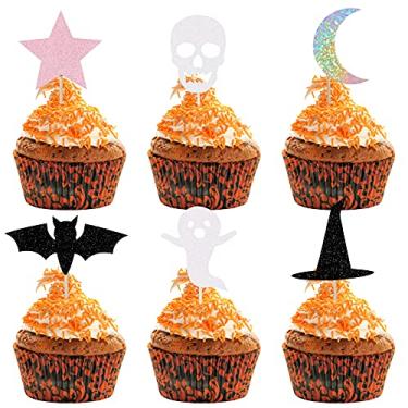 Imagem de Black Halloween Ghost Cupcake Toppers Halloween Bat Witch Baby Shower Cupcake Toppers Halloween Food Cupcake Picks for Halloween Baby Shower Birthday Cake Supplies - 24Pcs