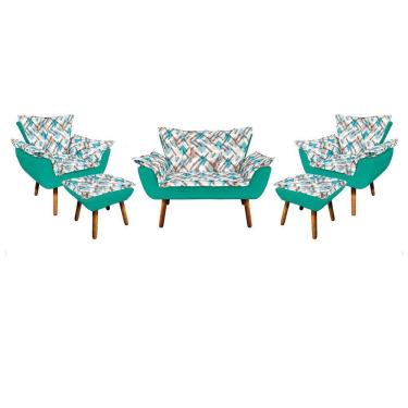 Imagem de Kit 01 Namoradeira Com 02 Poltronas E 02 Puffs Opala Composê Suede Com Estampado Traçado Azul D33 Pés Palito Castanho Verde Turquesa