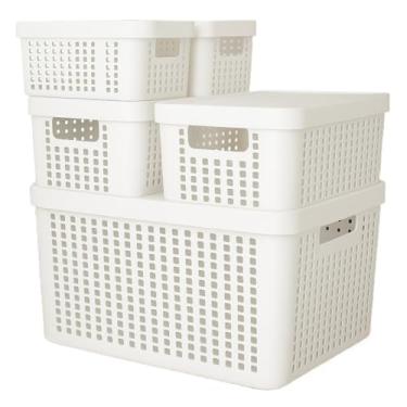 Imagem de Caixa Organizadora, Kit 5 Caixas Organizadoras com Tampa Cesto Grande de Plástico 2 Litros 4,5 Litros 17 Litros(Branco)