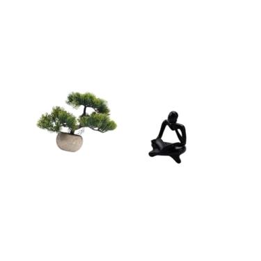 Imagem de Fenteer Conjunto de Centros de Mesa Artificiais com Estatueta de Pensador Abstrato Da Coleção Bonsai Verdejante para Sala de Estar, Prateleira Ou Escritório