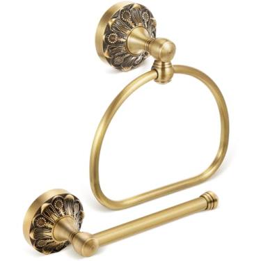 Imagem de Otoolling Conjunto de 2 peças de suporte de papel higiênico de latão antigo, retrô, latão, anel, rolo de tecido, cabide de papel, ferragens de banheiro, acessórios de banheiro vintage montados na