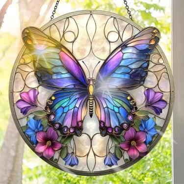 Imagem de Apanhador solar de acrílico colorido, decoração de janela suspensa de borboleta com design de vitral impresso, apanhador de sol, arte de parede de arco-íris, ideia de presente e ornamento de jardim