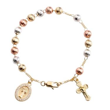 Imagem de HELLOWIN Pulseira feminina com pingente de crucifixo católico de Guadalupe com contas banhadas a ouro de 6 mm com caixa de presente, Medium, Ouro rosa, Sem Pedra Preciosa