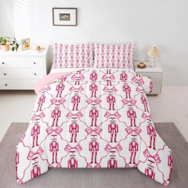 Imagem de Feelyou Jogo de cama solteiro de quebra-nozes de Natal, com laço fofo, para crianças, meninos, meninas, laço rosa, edredom de Natal, decoração de quarto, microfibra, 2 peças com 1 fronha