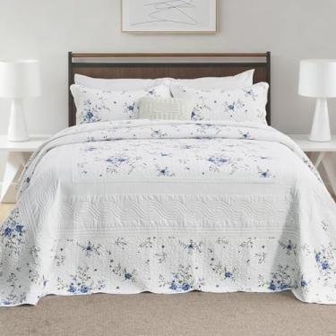 Imagem de FineStichery Colchas florais tamanho king extragrande, 128 x 120, colcha grande, 100% algodão, conjunto de cama azul e branco com fronhas, edredom fino acolchoado leve e macio, 3 peças