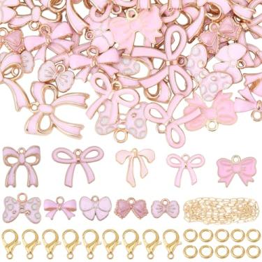 Imagem de SUNNYCLUE 1 caixa de berloques de laço esmaltados rosa amuletos românticos de gravata borboleta com 50 peças de anéis de salto, 20 peças, fecho de garra de lagosta, 1 m, correntes de clipe de papel