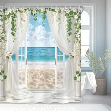 Imagem de Riyidecor Cortina de chuveiro Ocean Beach para decoração de banheiro 152 cm L x 182 cm A azul, tropical, litoral, mar, verão, paisagem havaiana, folhas florais, tecido impresso em poliéster