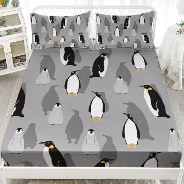 Imagem de XYNHML Jogo de lençol Queen com desenho animado de pinguim, animais selvagens da Antártica, cinza, branco, preto, safári, pinguim, para crianças, adolescentes, meninas, adultos, cinza, branco, preto