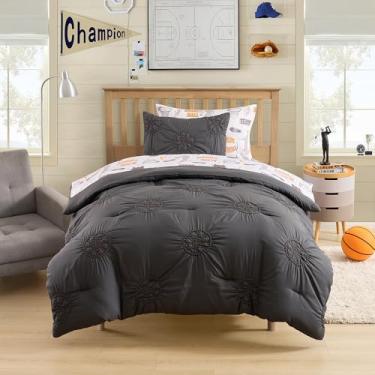 Imagem de Conjunto de edredom de basquete tamanho solteiro – cama em uma bolsa com lençóis, fronhas e fronhas – roupa de cama esportiva elegante e macia – conjunto de cama de basquete para meninos para todas as