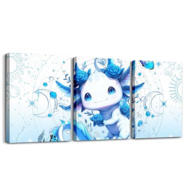 Imagem de Feelyou Linda arte de parede axolotl para meninas, 3 peças, para sala de estar, quarto, axolote azul, arte de parede para decoração de casa, padrão de lua e estrela, escritório, decoração de parede,