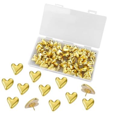 Imagem de 50un Alfinetes Pressão Formato Coração, Tachinhas Decorativas Fofas para Quadro Cortiça Quadro Avisos Parede Escritório Pôsteres Fotos Cartões Postais Mapas Fixação (Dourado)