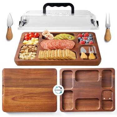 Imagem de Tábua de charcutaria com tampa e utensílios magnéticos – tábua de queijo de madeira de acácia, tábua de corte 2 em 1 e bandeja de servir com 5 compartimentos, travessa de frutas coberta para cozinha