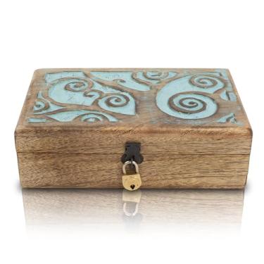 Imagem de Ótima caixa de joias de madeira decorativa feita à mão com escultura de árvore da vida, fechadura e chave, organizador de joias, caixa de lembrança, baú do tesouro, porta-bugigangas, caixa de