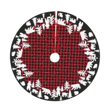 Imagem de Saia de árvore de Natal xadrez búfalo com design de urso branco e árvore, tapete de árvore de Natal xadrez preto vermelho para decoração de Natal 121 cm