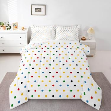 Imagem de Conjunto de cama de casal branco colorido, com bolinhas, para meninos, meninas, adolescentes, abstrato, respirável, macio, leve, microfibra moderna, decoração de quarto