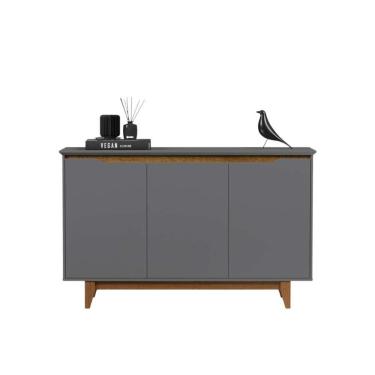 Imagem de Buffet Aparador 3 Portas Mdf Pés Madeira Hall De Entrada Flow Sala De Estar Cozinha Cinza