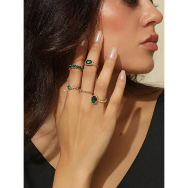 Imagem de Conjunto de anéis de pedras preciosas verdes minimalistas douradas para mulheres, joias empilháveis
