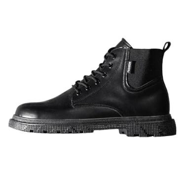 Imagem de Botas masculinas de combate de bico redondo com cadarço e salto baixo, painéis elásticos, sola antiderrapante, cano alto, cano alto, botas no tornozelo para trabalho ao ar livre, casual, Preto, 44