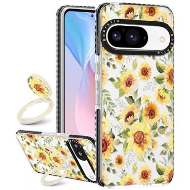 Imagem de Boaretiu Capa fofa Kawaii para Google Pixel 9/9Pro com suporte - Design de suporte de anel giratório adesivo de 360° moderno para mulheres meninas e meninas para Google Pixel 9/9Pro, girassol