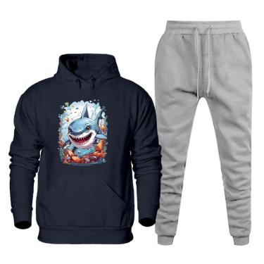 Imagem de Conjunto Moletom Canguru Estampa Tubarao Plus Size Masculino Confortavel