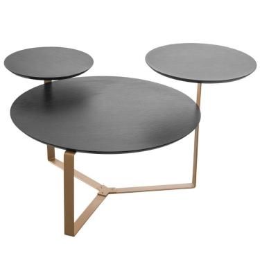 Imagem de Mesa De Centro Industrial Chanfrada Artesano 83 Cm (larg) 3 Tampos Mdp Nero (preto) Pé Aço Dourado
