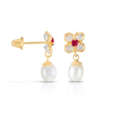 Imagem de Brinco Ouro 18k 750 Flor de Zirconias com Perola Biwa Infantil - Zello