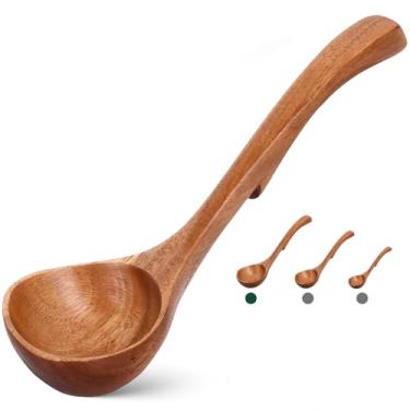 Imagem de Concha de sopa de madeira grande com gancho traseiro, adequada para fazer sopas de cozinha doméstica e servir líquidos quentes, ideal para refeições em família e mingau cozido