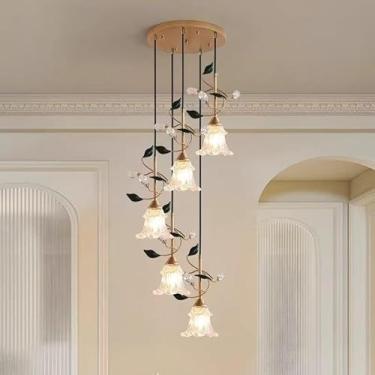 Imagem de Lustre Americano Pastoral com Criatividade Francesa e Flores para Sala de Estar, Sala de Jantar, Quarto, Escritório, Casa de Campo ou Escada - Luminária Pendente LED (HA 5 Lâmpadas)