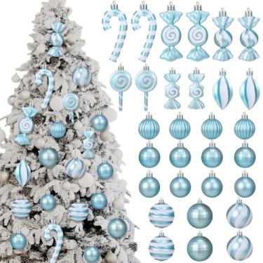 Imagem de Soulchen Conjunto de 30 peças de enfeites de pirulito de bengala doce de Natal 2025 em azul pastel para decoração de árvore de Natal, bolas de bengala doce, enfeites de plástico variados para