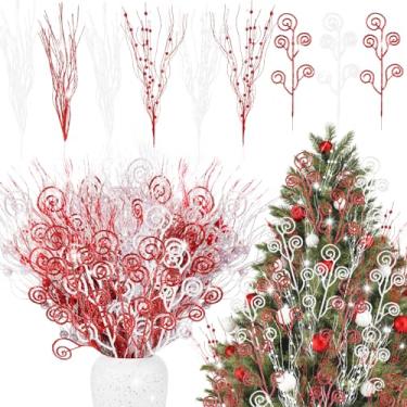 Imagem de VAIPI 54 palhetas de árvore de Natal, 43 cm + 30,5 cm com glitter artificial, árvore de Natal, ornamentos de decoração de árvore de Natal, em formato de doce, galhos encaracolados para vaso e