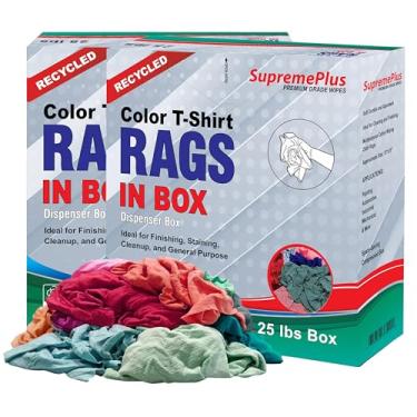 Imagem de SupremePlus Trapos de malha de cor reciclada – Compre panos de algodão a granel para limpar, espanar, colorir, pintar, polir e acabar, tecido de camiseta absorvente com baixo teor de fiapos (2 x caixa
