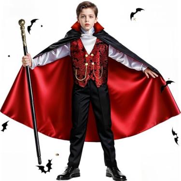 Imagem de BLmukce Conjunto de fantasia de vampiro para meninos, fantasia de cosplay de vampiro para festa de Halloween com capa, camisa, calça e bengala, fantasia infantil de drácula (P(3-6 anos, 109 cm-129,5