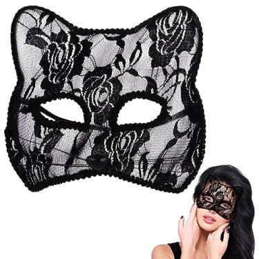 Imagem de Máscara de baile de máscaras, feminina para baile de máscaras, renda de gato, máscara elástica de gato com faixa de cabeça, tema de festa, cosplay, Halloween, para máscara, renda, bola, preta, preta