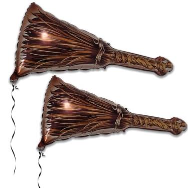 Imagem de Vassoura de bruxa decorativa de Halloween, balão metálico marrom, design de silhueta de morcegos voadores de hélio, decoração de festa (vassoura de bruxa marrom)