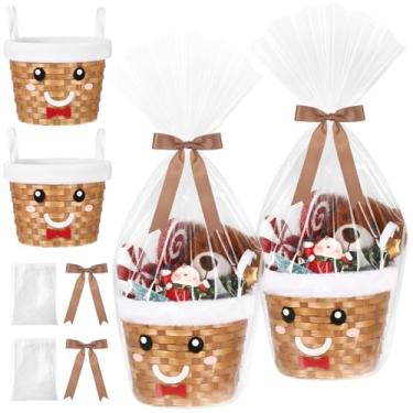 Imagem de Threehoney Cesta de presente de Natal, conjunto de embrulho vazio, cesta de corda de bambu com saco e fita de laço, presentes de Natal para mulheres e homens, armazenamento de presente, lanche com