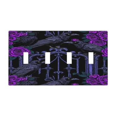 Imagem de Naiqadnehz Capas para interruptores de luz, estilo gótico, corvo, flores roxas, quadriciclo, 4 gangs, placa de parede elétrica, placas decorativas para decoração de quarto e sala de estar