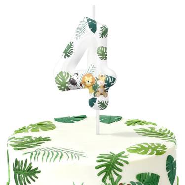 Imagem de Velas de aniversário de animais selvagens para bolo, velas número 4, decorações de aniversário, suprimentos de festa, topo de bolo safári na selva para decorações de festa temática para meninos e