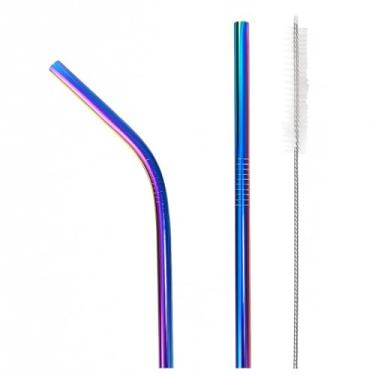 Imagem de Kit 2 Canudos de Inox Reutilizáveis Cintilantes (Reto + Curvado) 21 cm + Escova de Limpeza